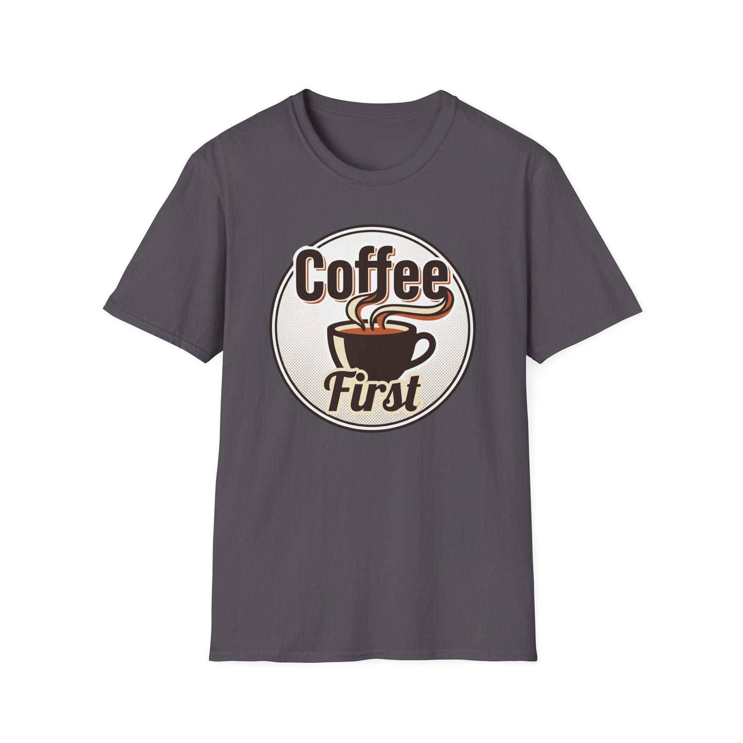 Coffee First T-Shirt — Retro Coffee Cup Graphic Tee for Coffee Lovers