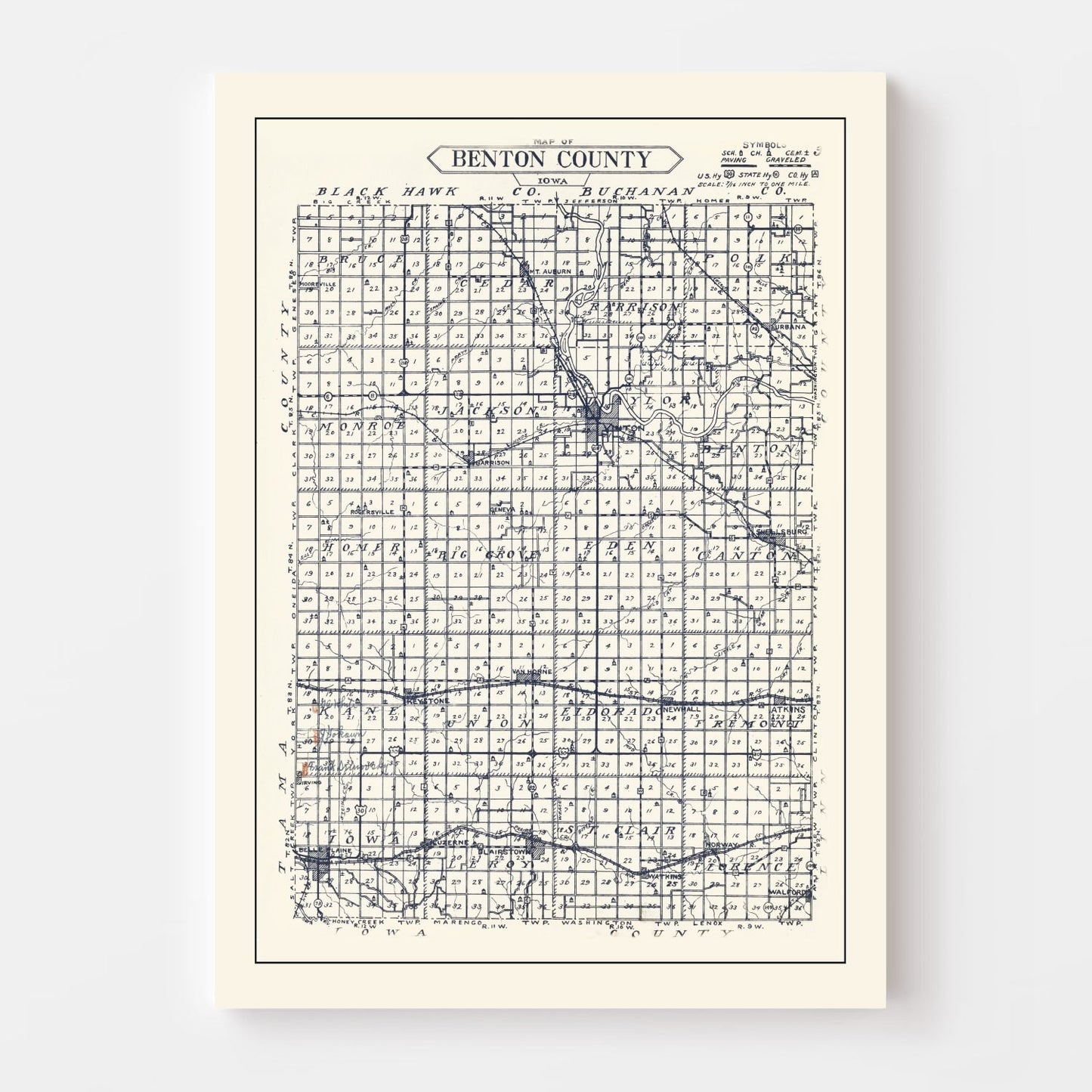 Vintage Map of Benton County, Iowa 1930