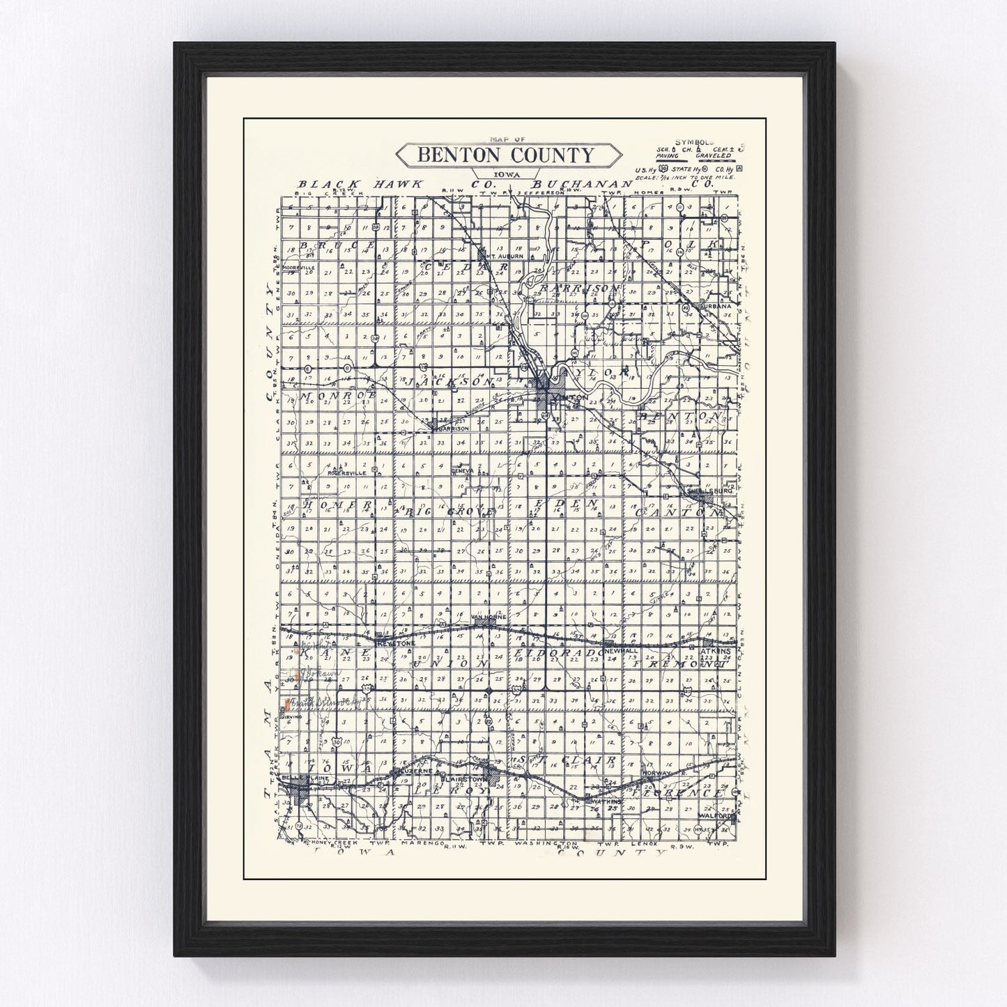 Vintage Map of Benton County, Iowa 1930