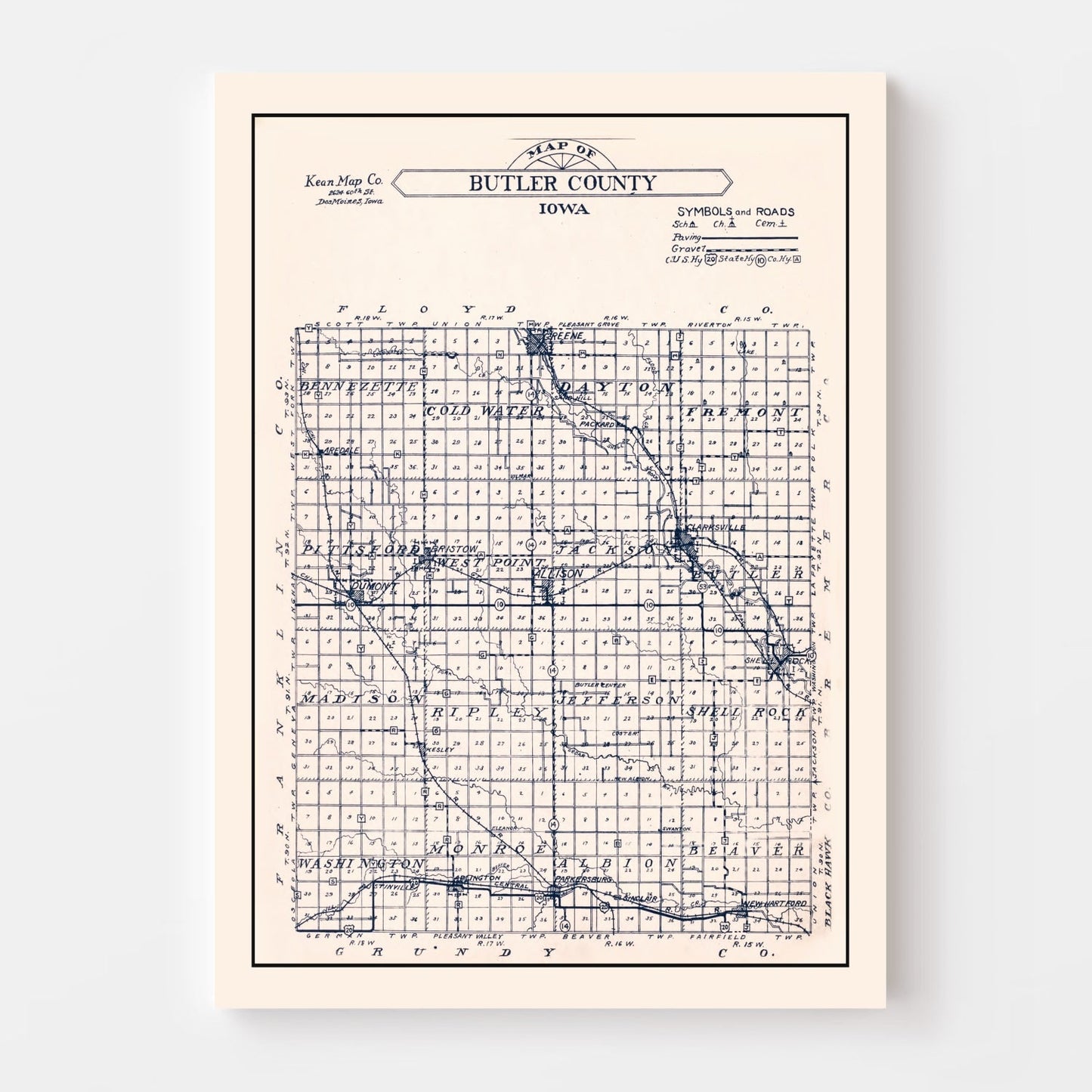 Vintage Map of Butler County, Iowa 1930