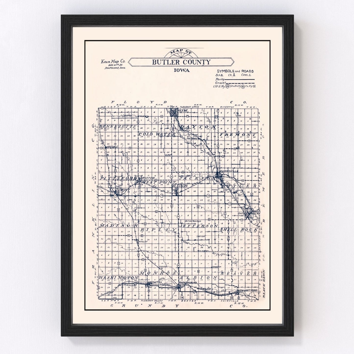 Vintage Map of Butler County, Iowa 1930