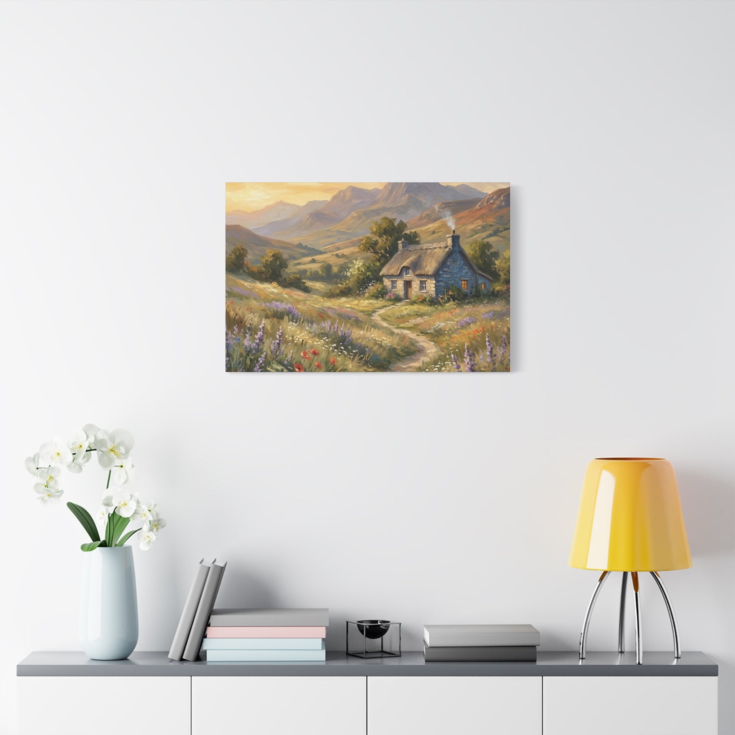 Countryside Cottage Canvas Wall Art — Tranquil Rustic Landscape Print