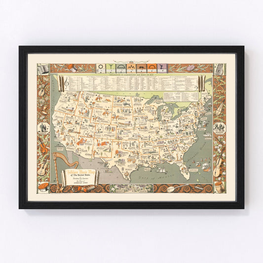 Vintage Folklore Music Map of the United States 1946