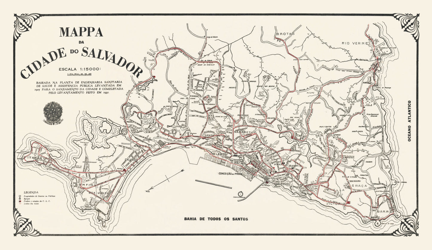 Vintage Map of Salvador, Brazil 1931