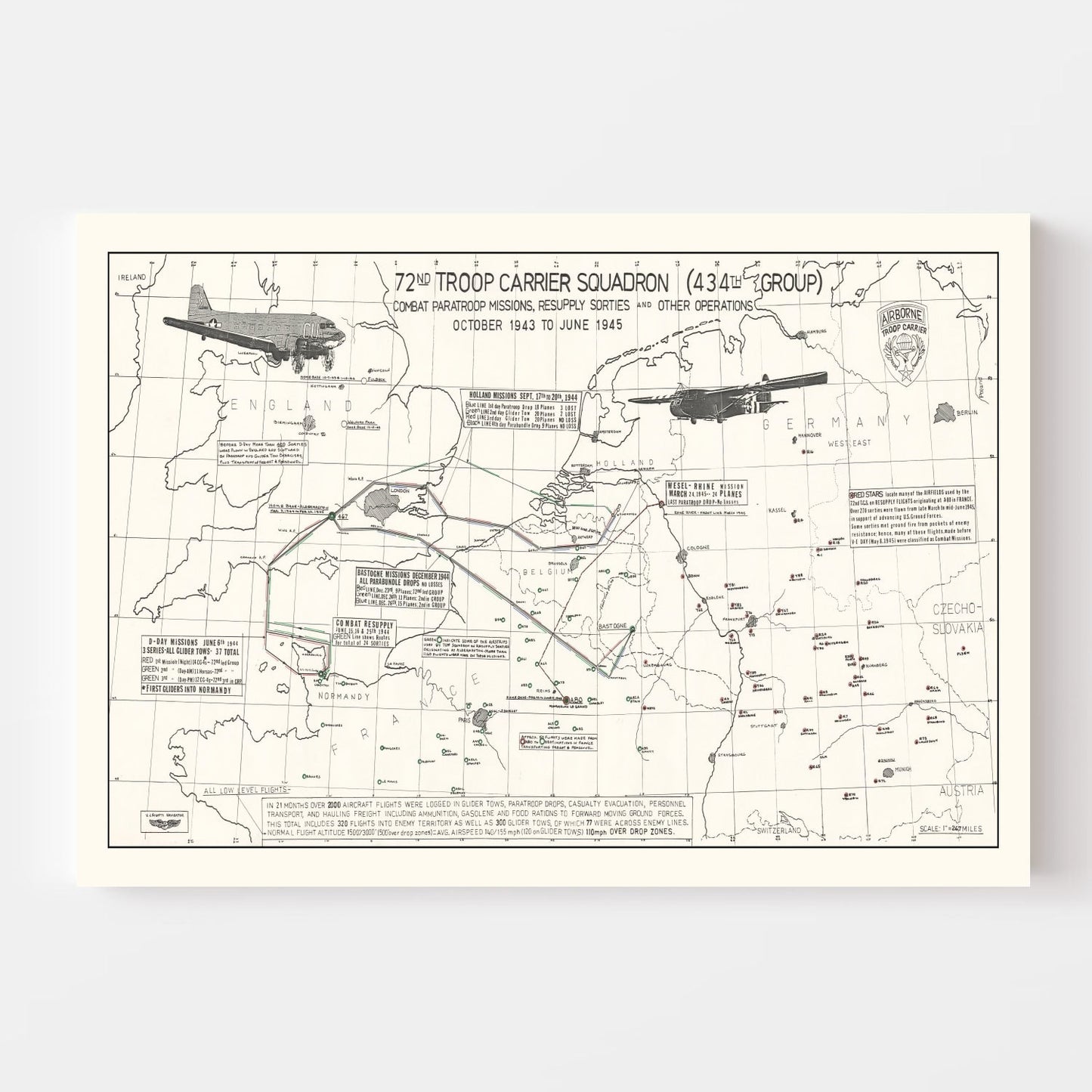 Vintage Map of the 72nd Troop Carrier Squadron Over Europe During WWII Map 1972
