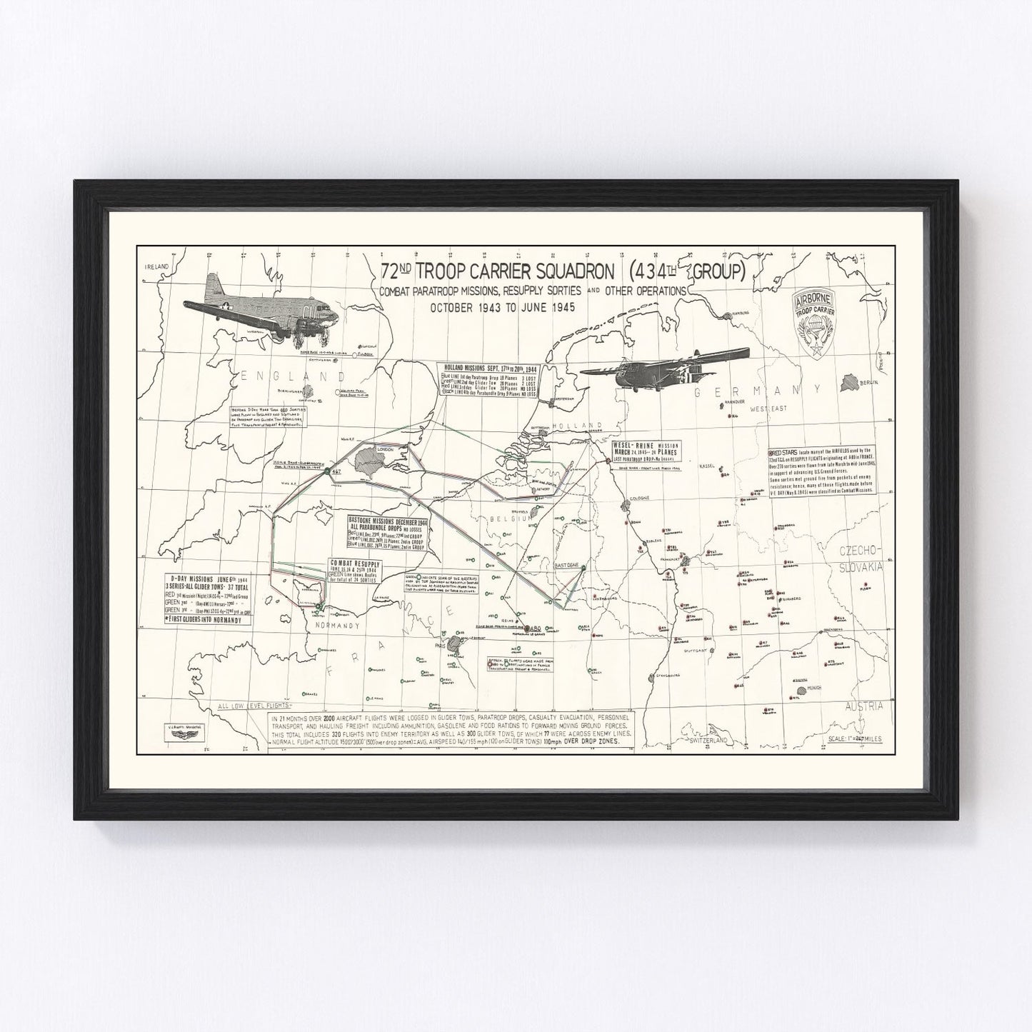 Vintage Map of the 72nd Troop Carrier Squadron Over Europe During WWII Map 1972