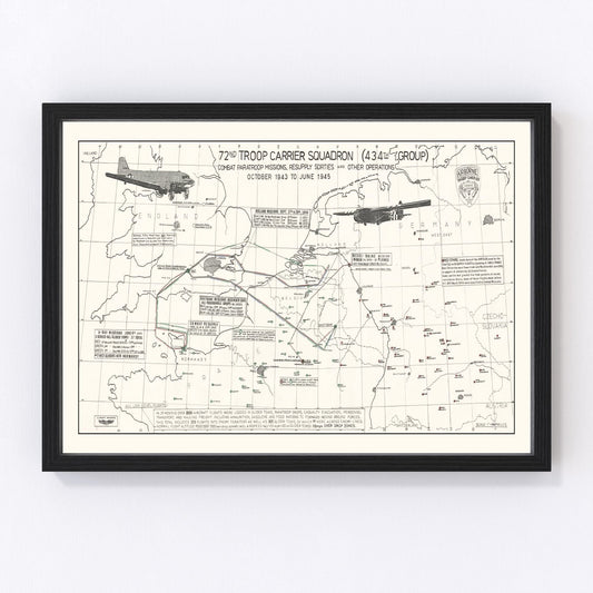Vintage Map of the 72nd Troop Carrier Squadron Over Europe During WWII Map 1972