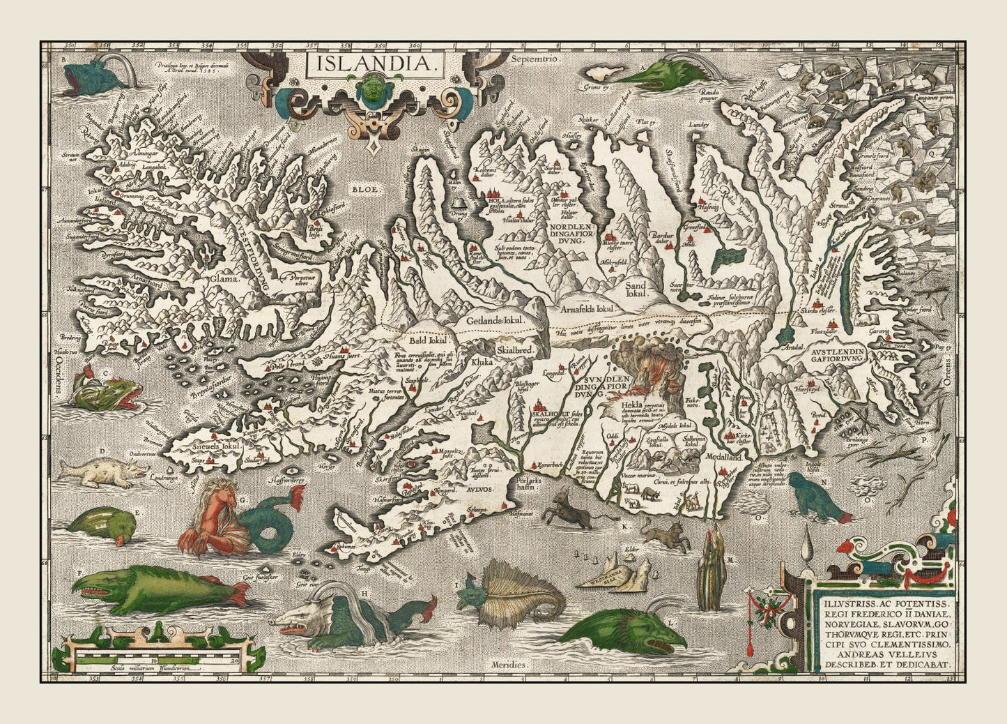 Vintage Iceland Map with Sea Monsters 1587