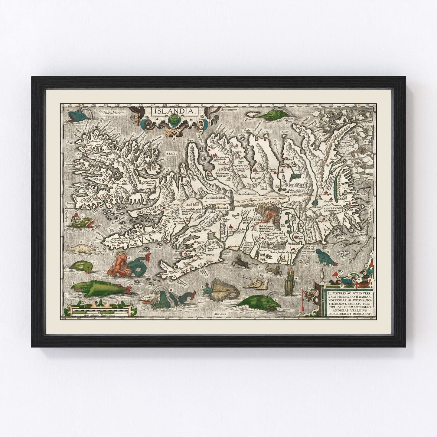 Vintage Iceland Map with Sea Monsters 1587