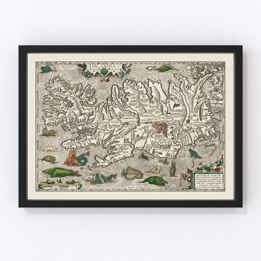 Vintage Iceland Map with Sea Monsters 1587
