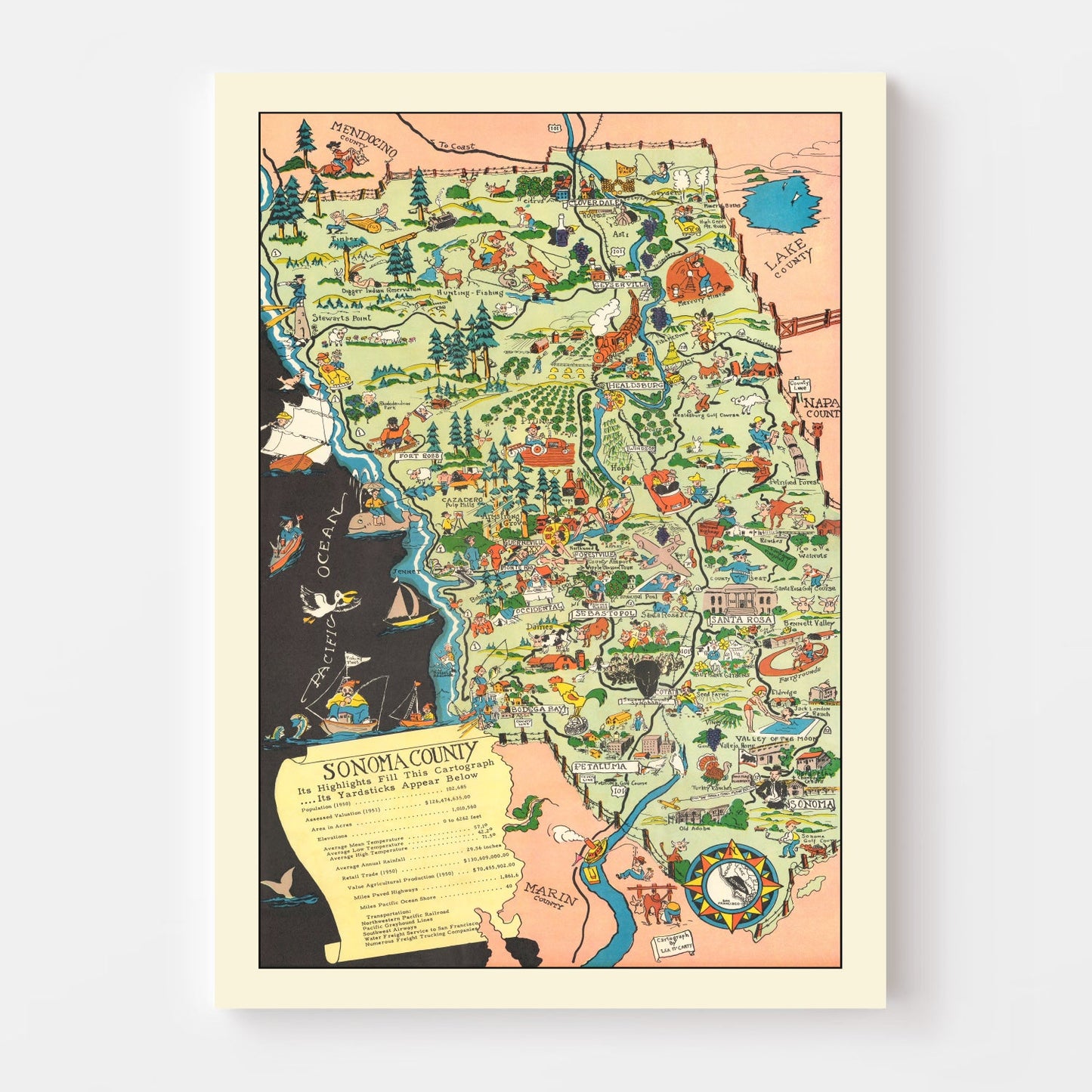 Vintage Map of Sonoma County, California 1951
