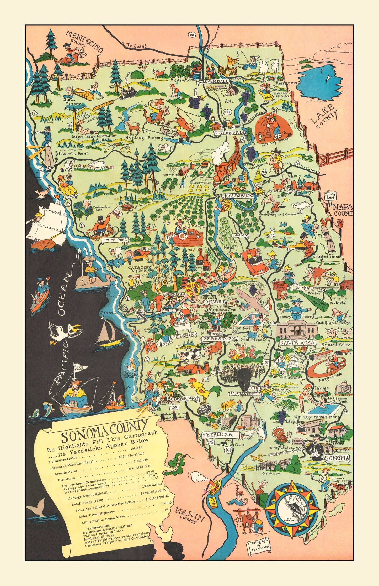 Vintage Map of Sonoma County, California 1951