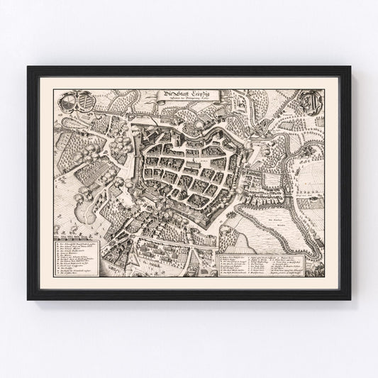 Vintage Map of Leipzig, Germany 1637