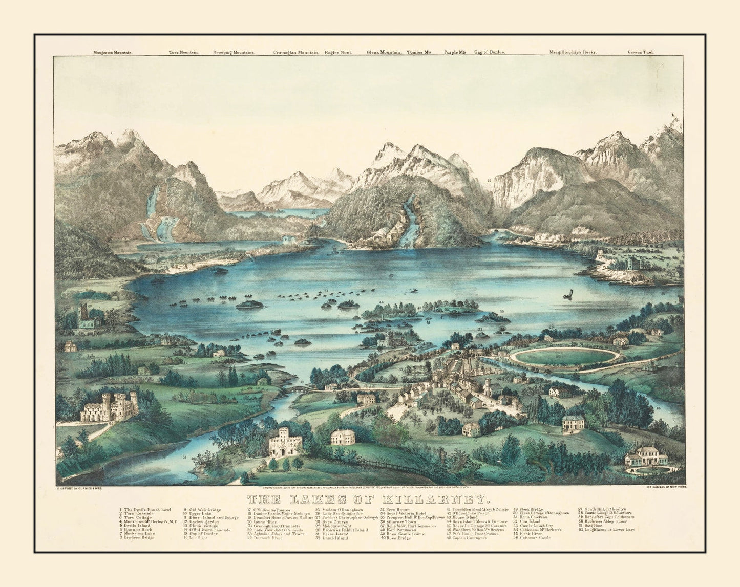 Vintage Lakes of Killarney Ireland Map 1867