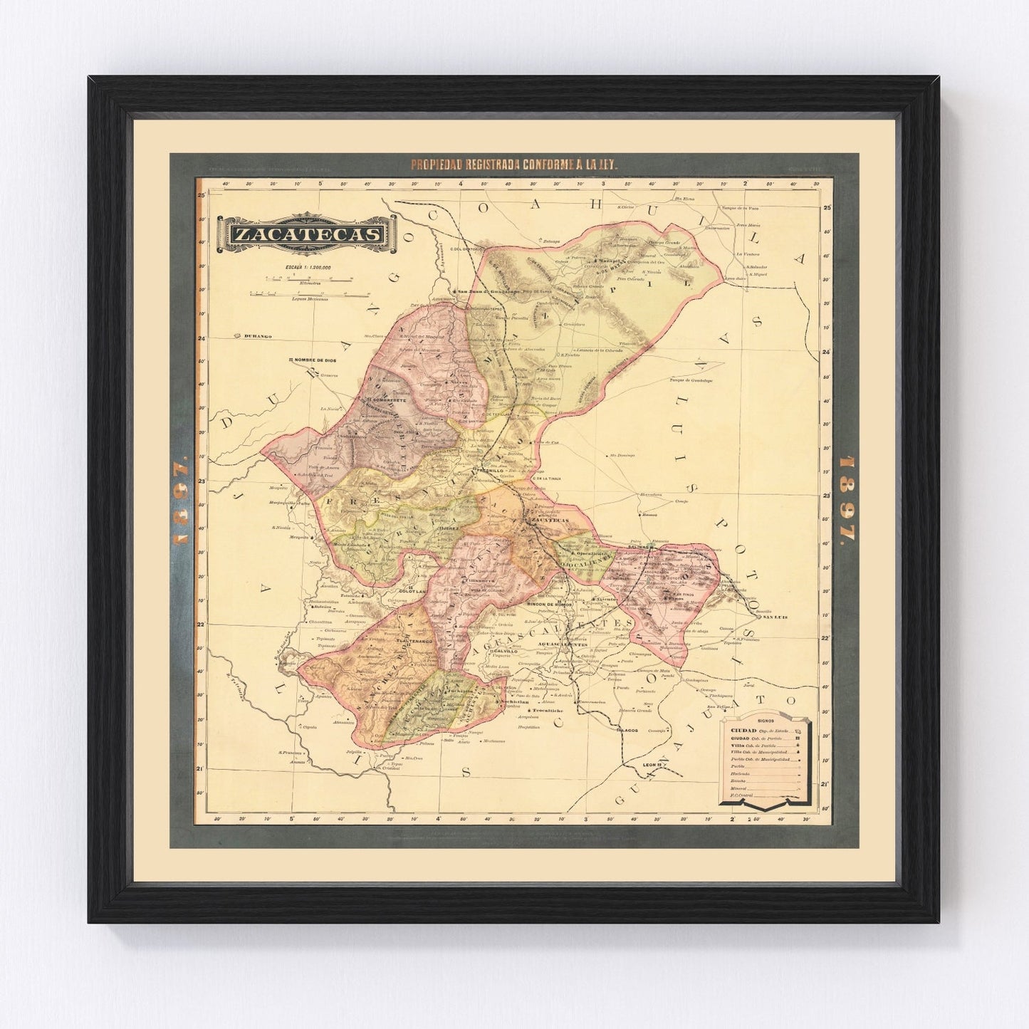 Vintage Zacatecas, Mexico Map 1897