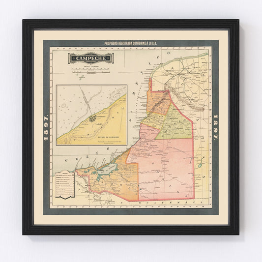 Vintage Campeche, Mexico Map 1897