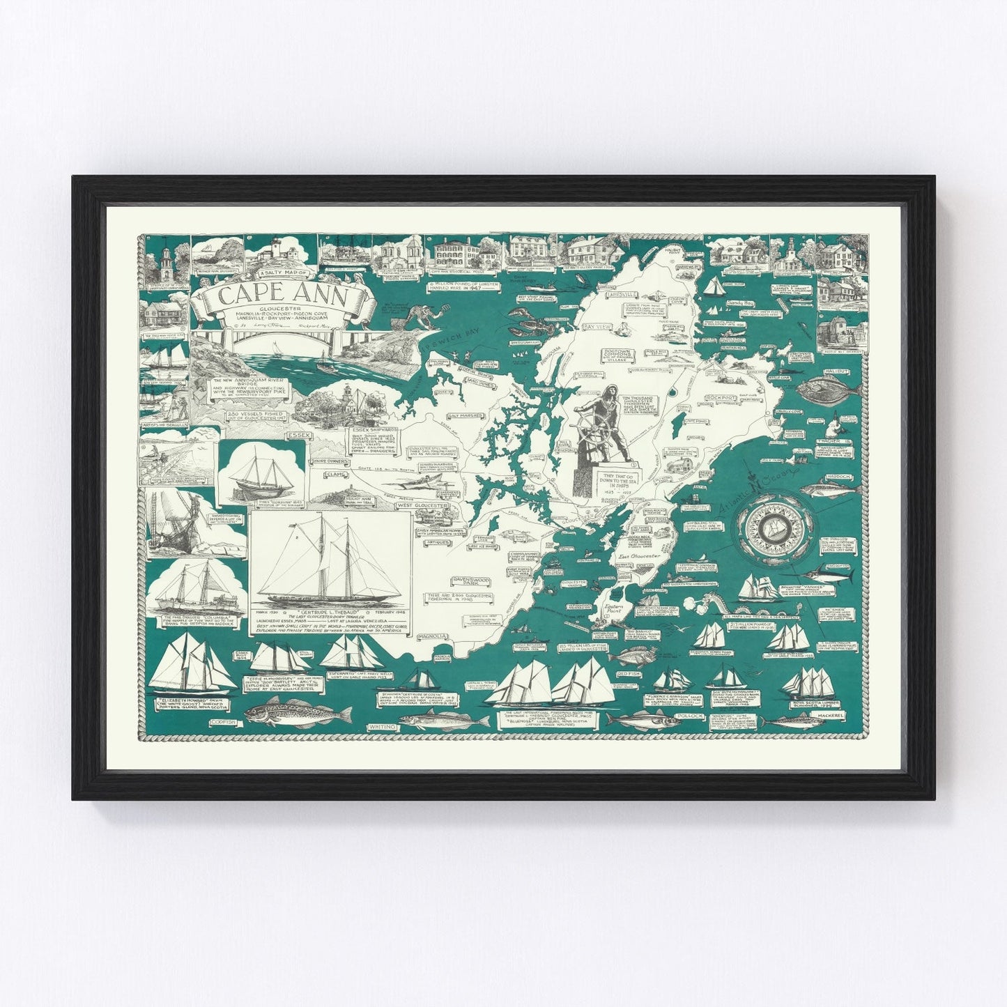 Vintage Pictorial Map of Cape Ann 1947