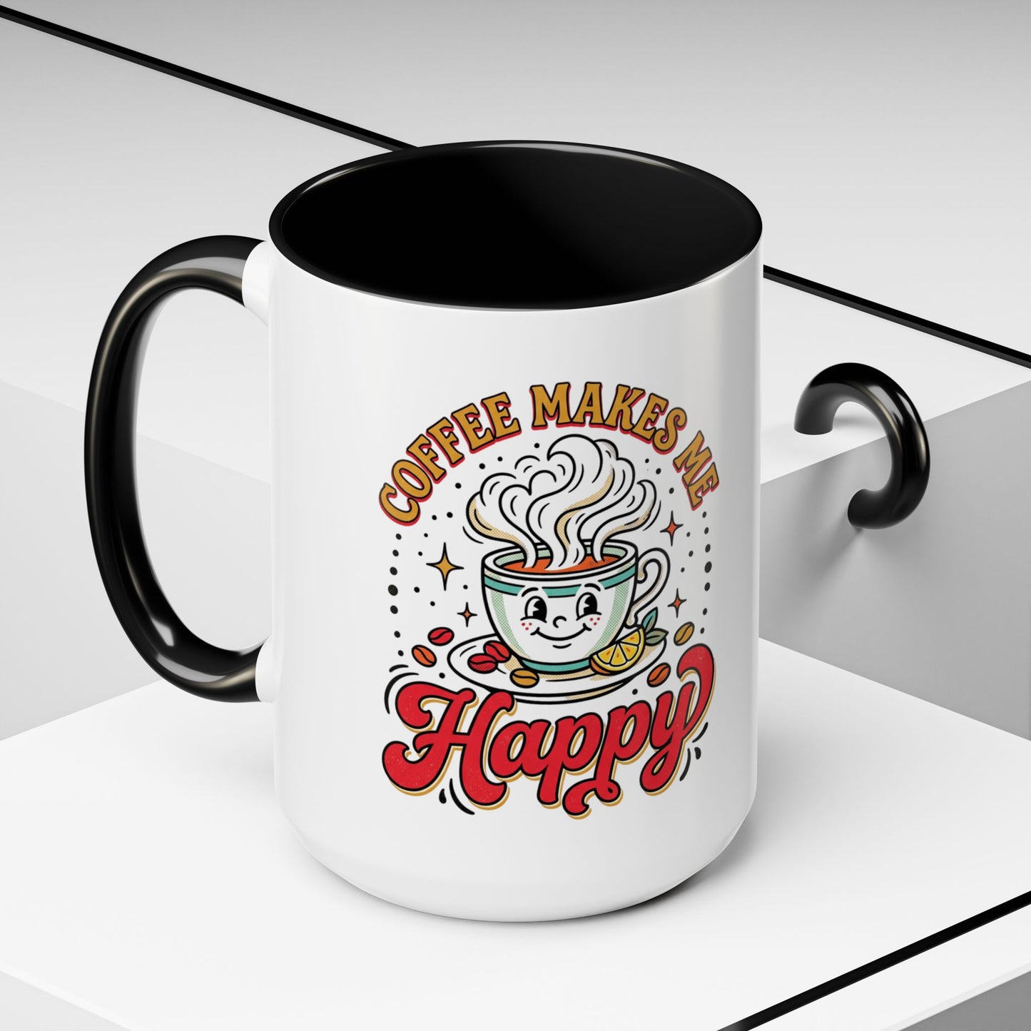 Coffee Mug — "Coffee Makes Me Happy" Cute Retro Accent Mug (11/15oz)