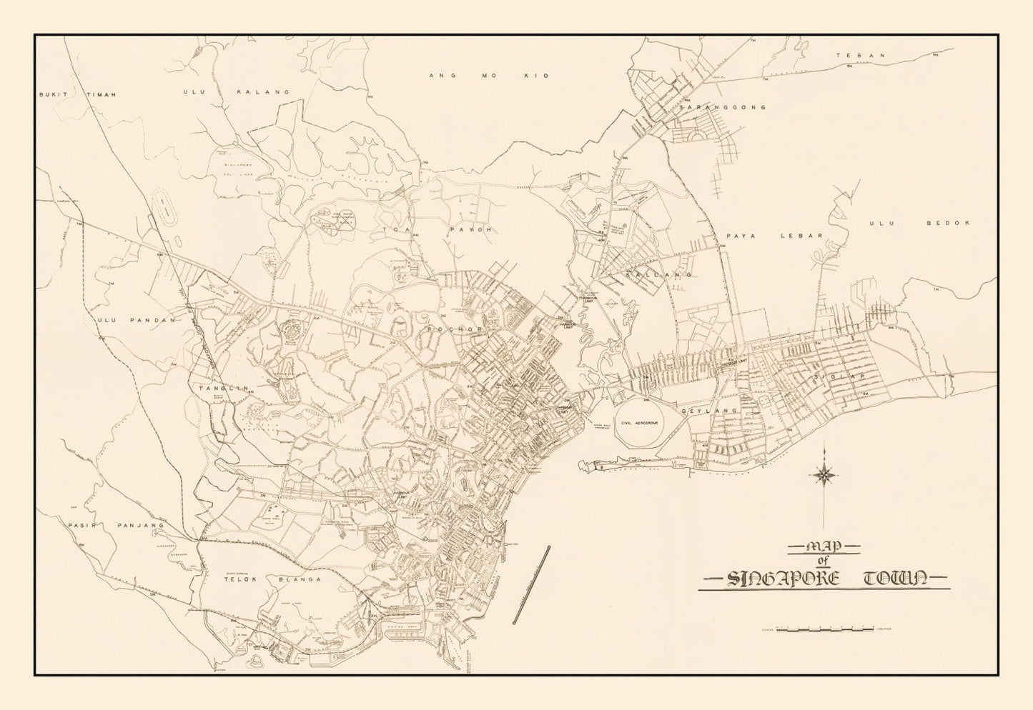 Vintage Map of Singapore City, Singapore 1930