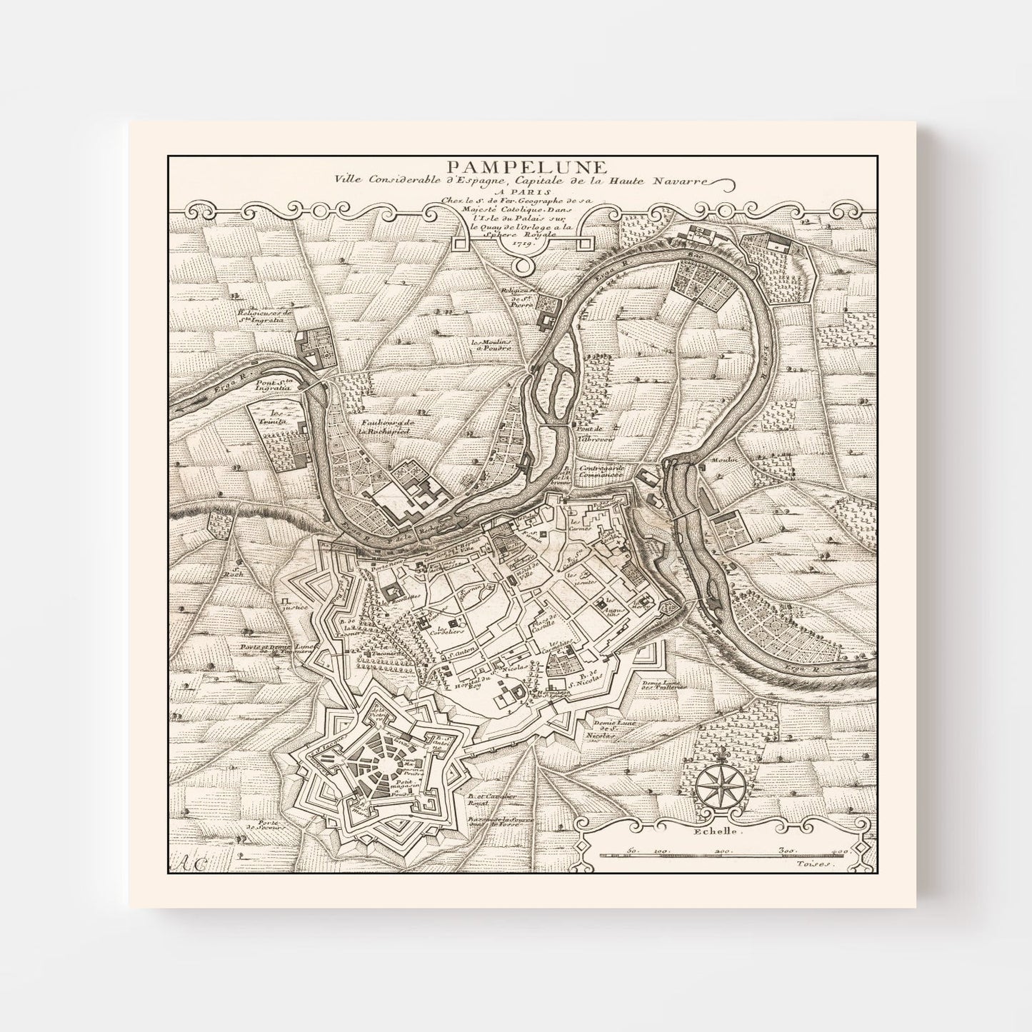 Vintage Map of Pamplona, Spain 1719