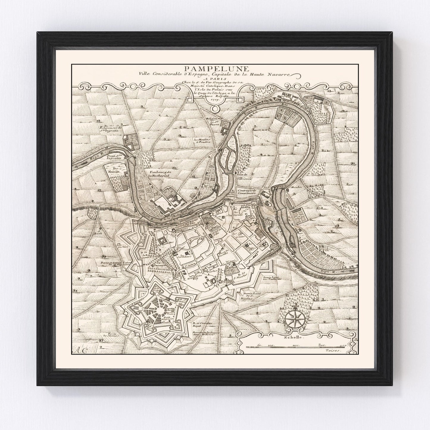 Vintage Map of Pamplona, Spain 1719