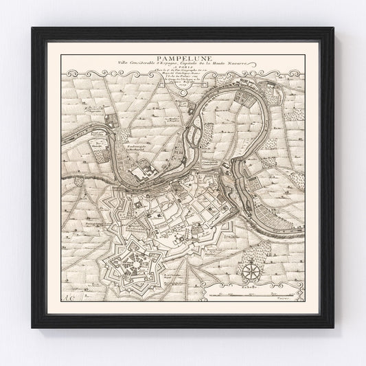 Vintage Map of Pamplona, Spain 1719