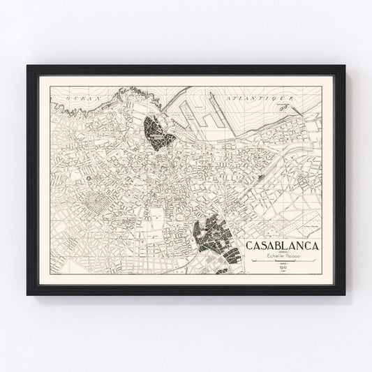 Vintage Map of Casablanca, Morocco 1941