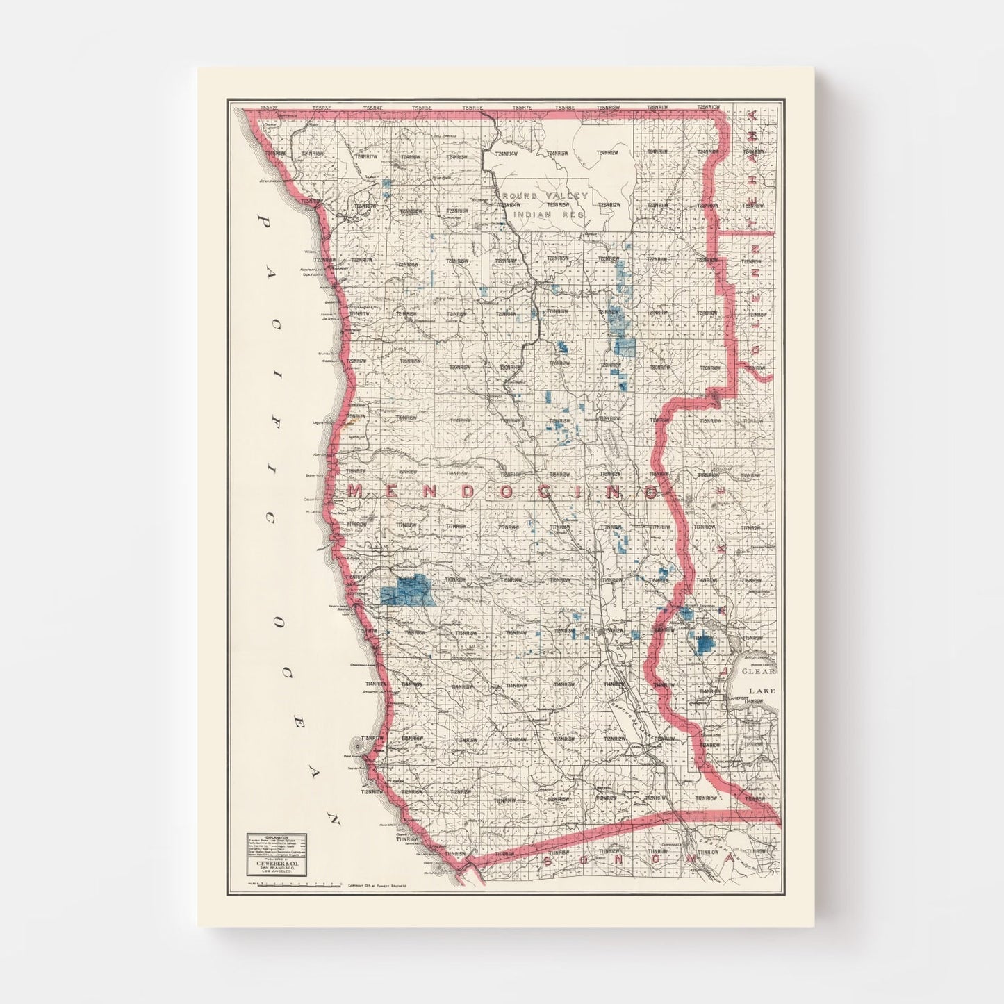 Vintage Map of Mendocino County, California 1914