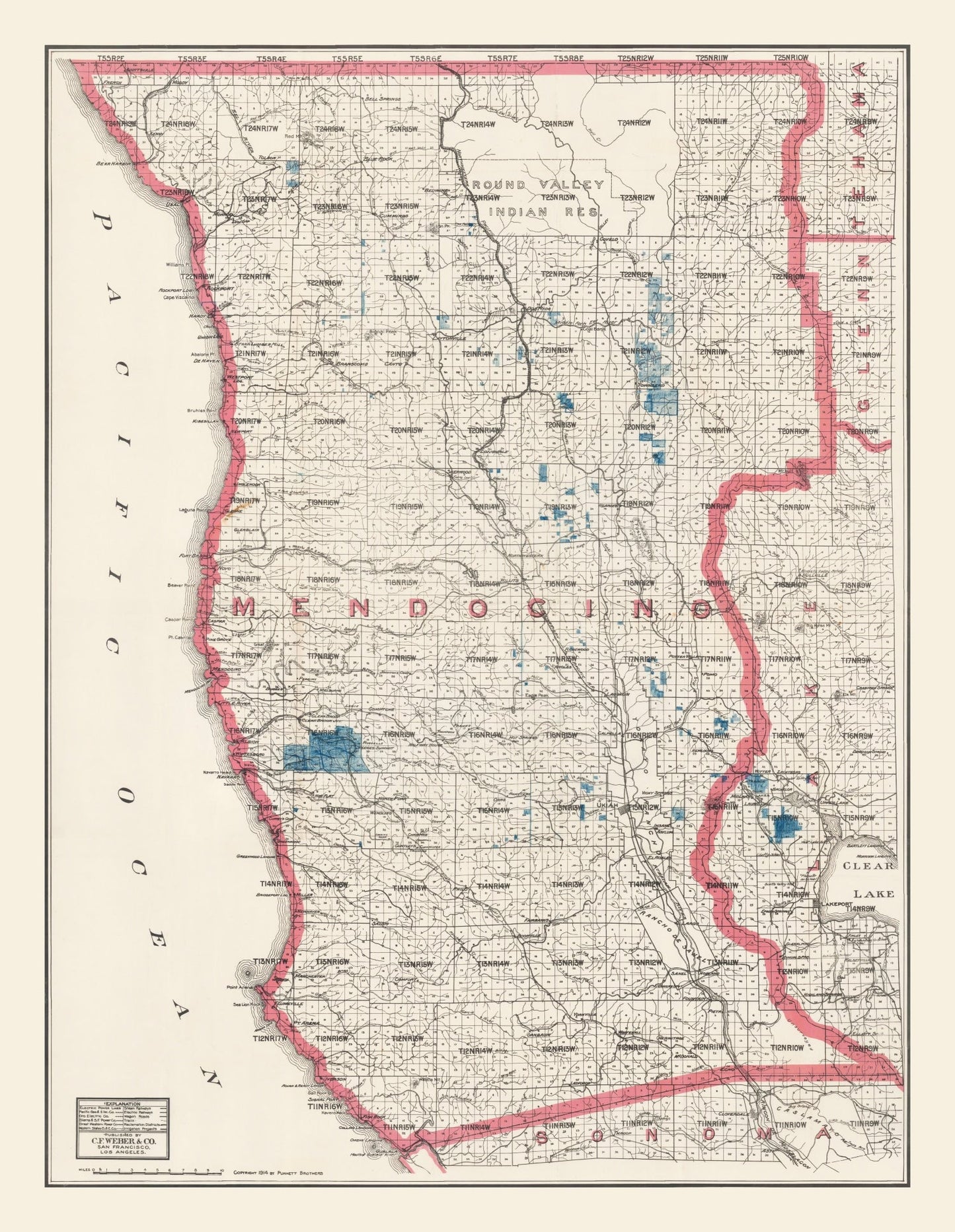 Vintage Map of Mendocino County, California 1914