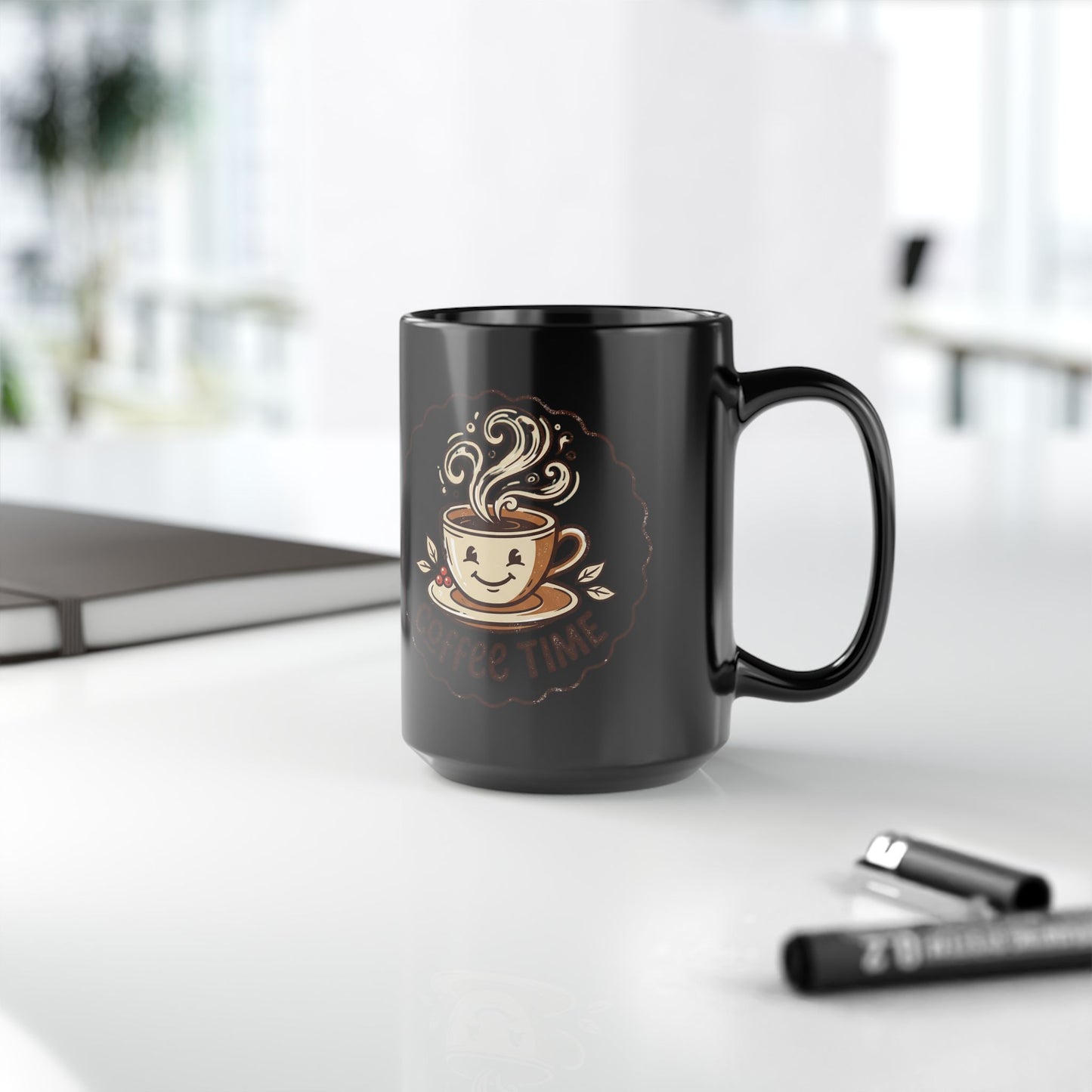 Coffee Time Black Mug – Cute Smiling Coffee Cup Ceramic Mug (11oz, 15oz)