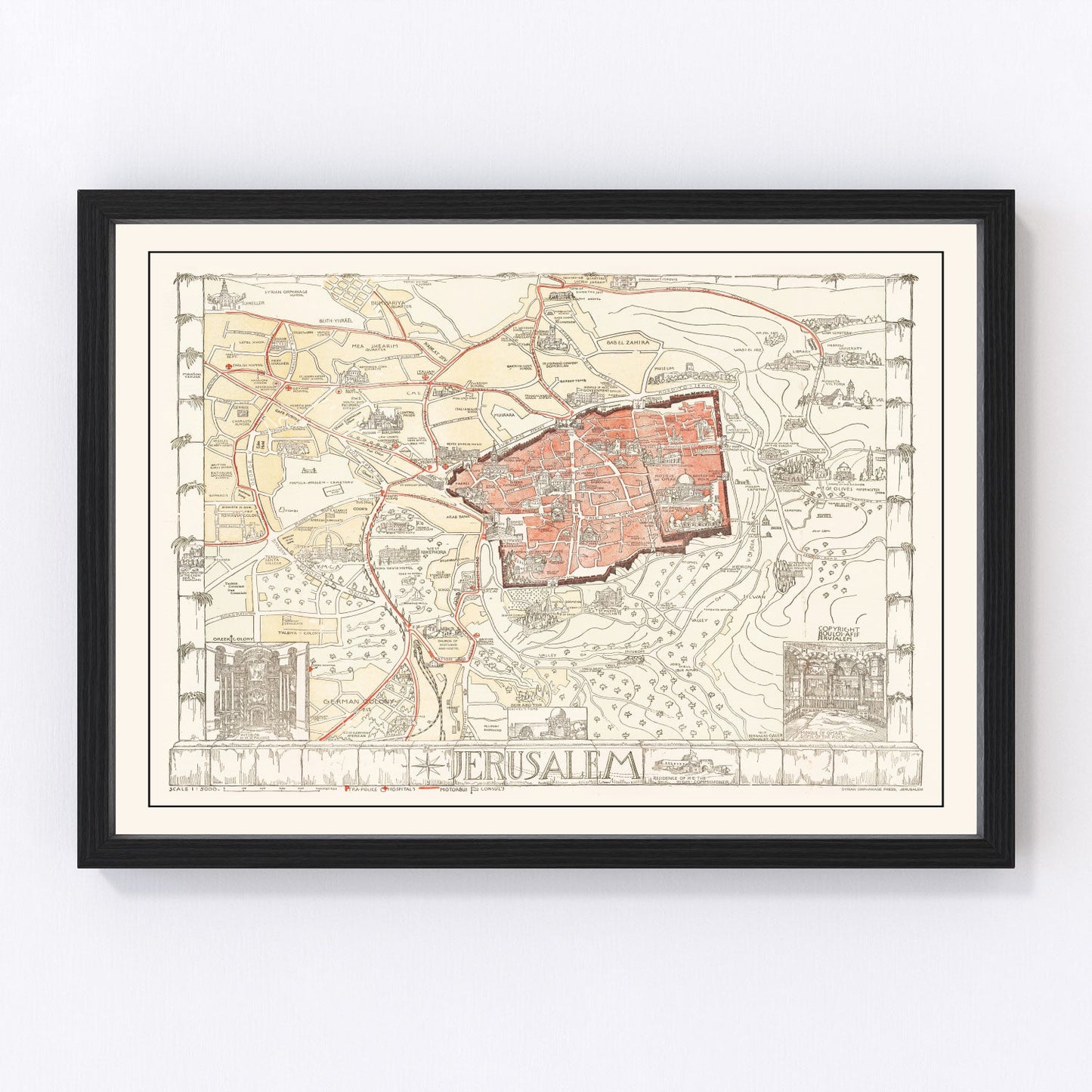 Vintage Map of Jerusalem, Israel 1935