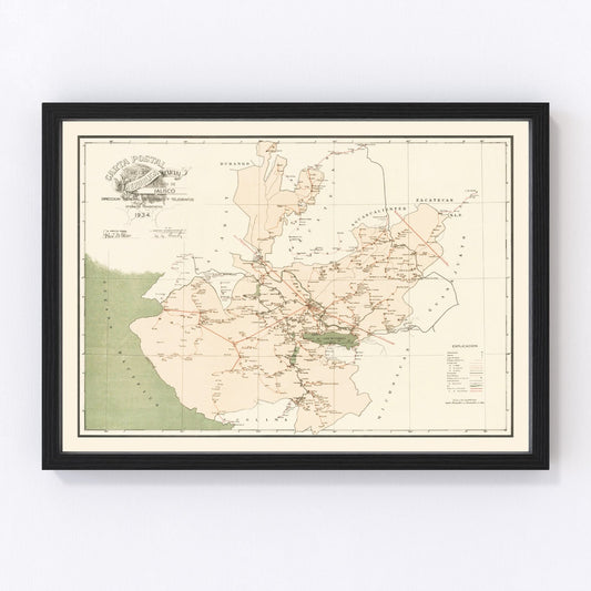 Vintage Jalisco Mexico Map 1934