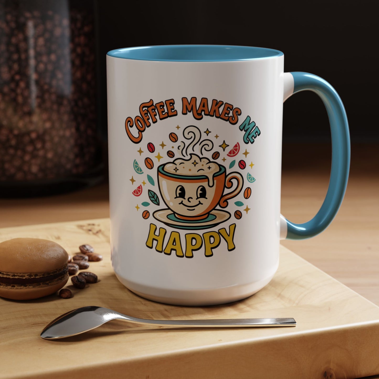 Coffee Mug — "Coffee Makes Me Happy" Cute Retro Accent Mug (11/15oz)