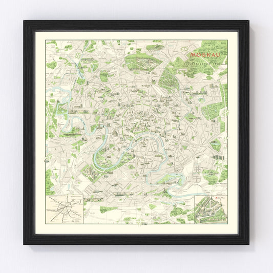 Vintage Map of Moscow, Russia 1968
