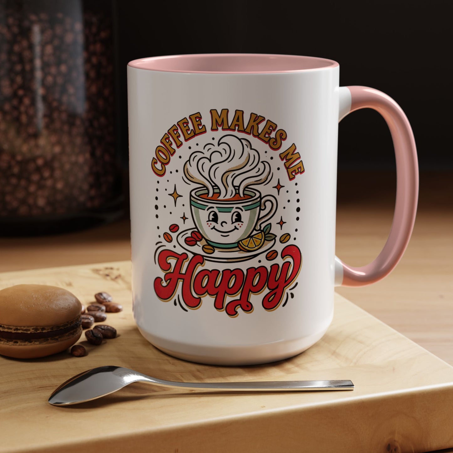 Coffee Mug — "Coffee Makes Me Happy" Cute Retro Accent Mug (11/15oz)