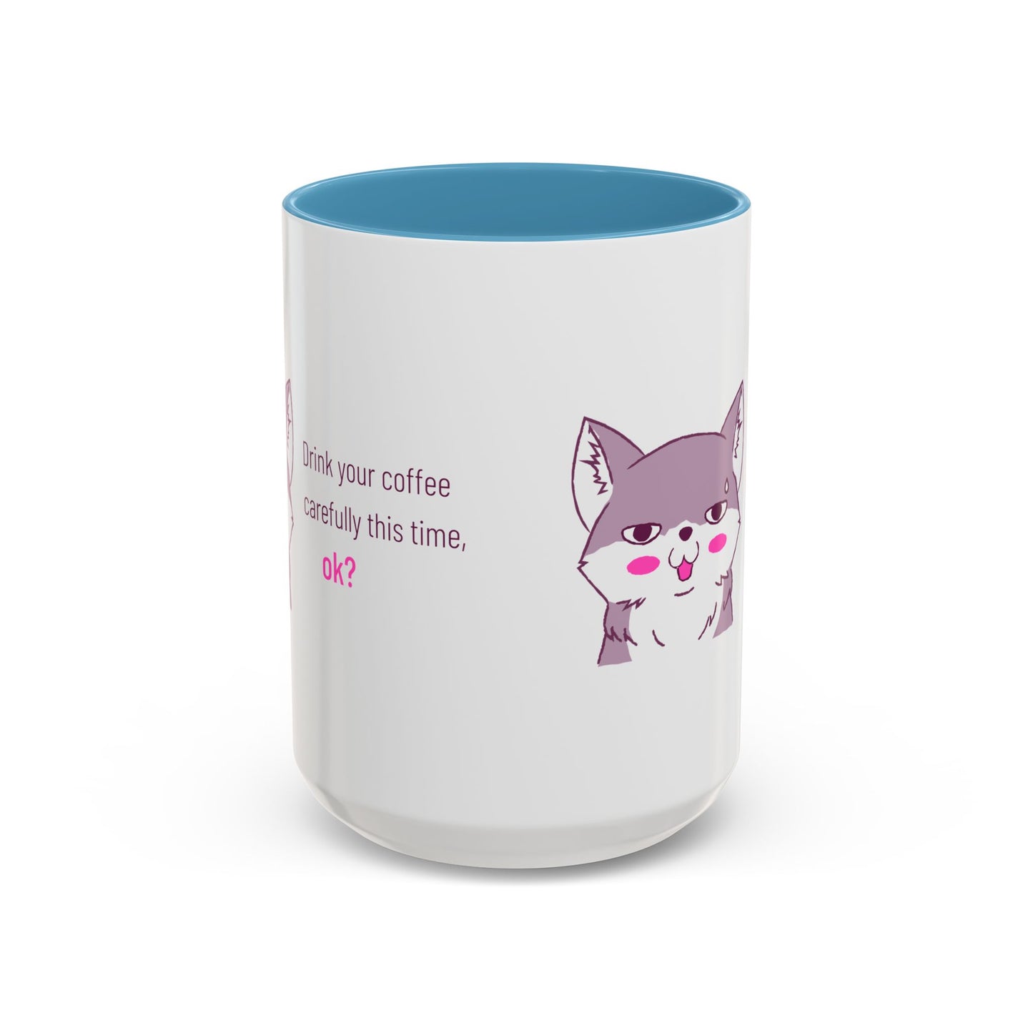 Accent Coffee Mug — Cute Shy Fox Design "Drink your coffee carefully this time, ok?"