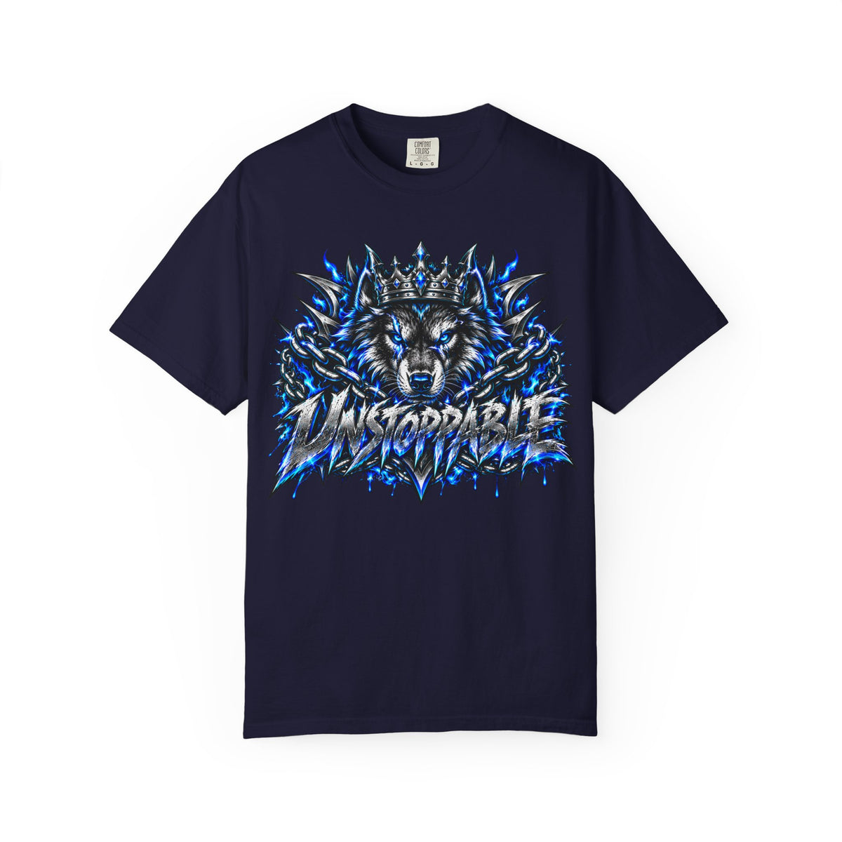 Wolf 'Unstoppable' Graphic Tee — Bold Blue Crowned Wolf Shirt
