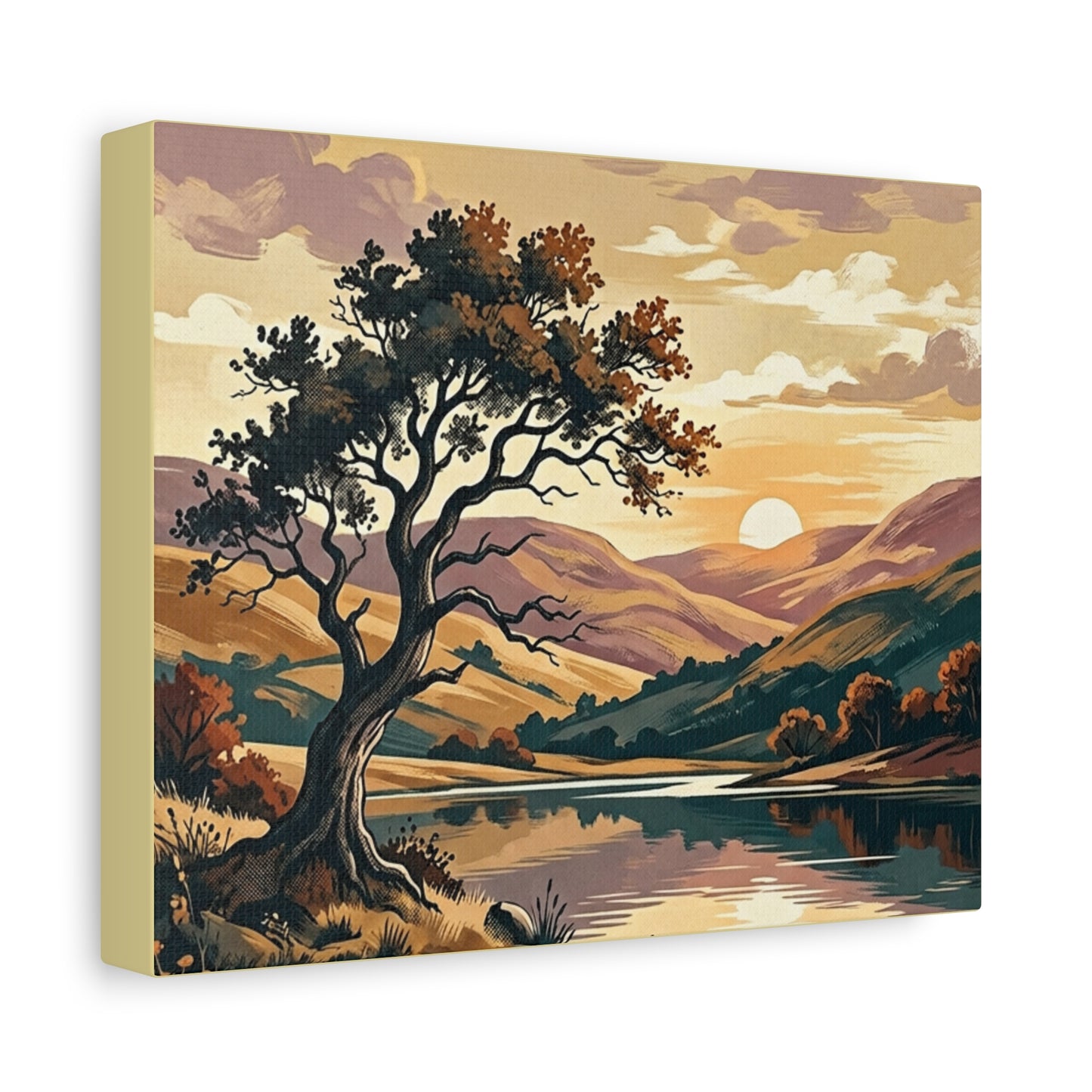 Sunset Lake Landscape Canvas - Vintage Tree Wall Art Print