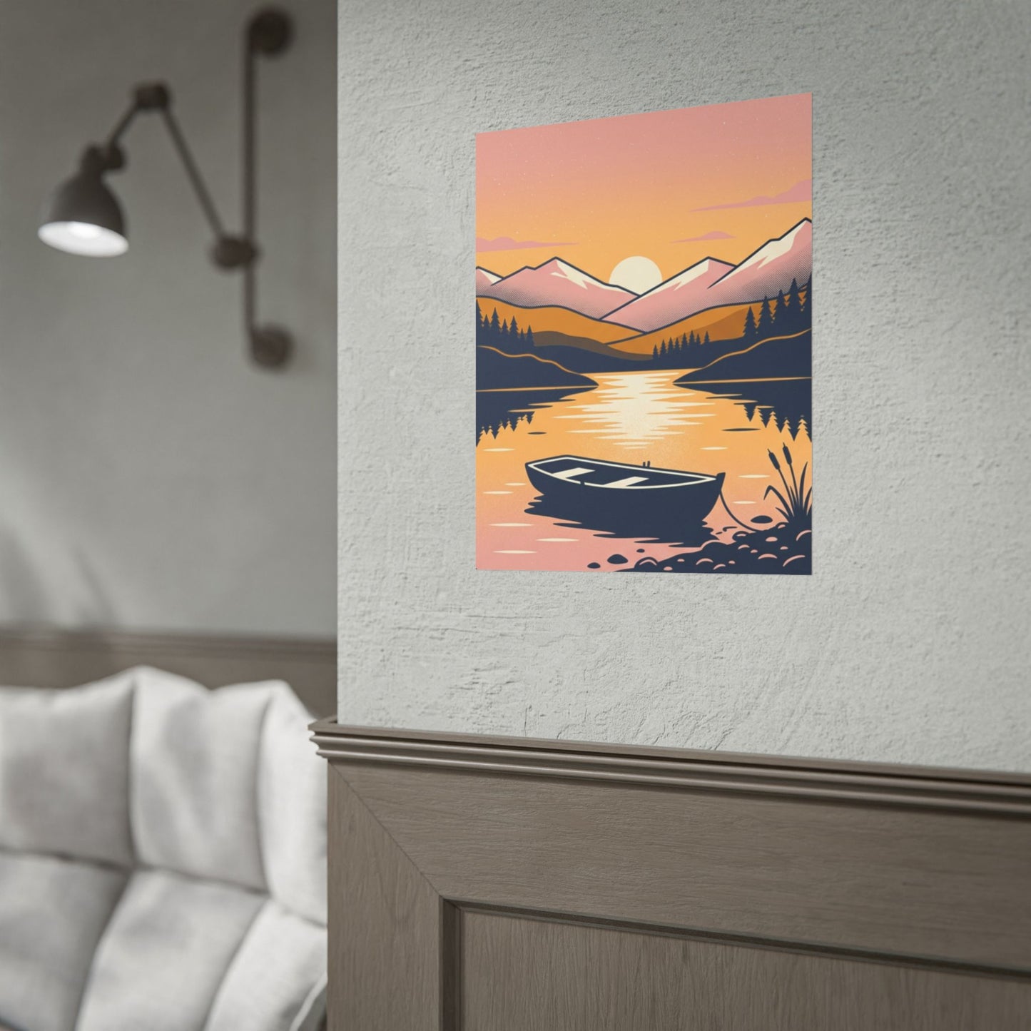Sunset Lake Boat Poster — Scenic Mountain Landscape Wall Art