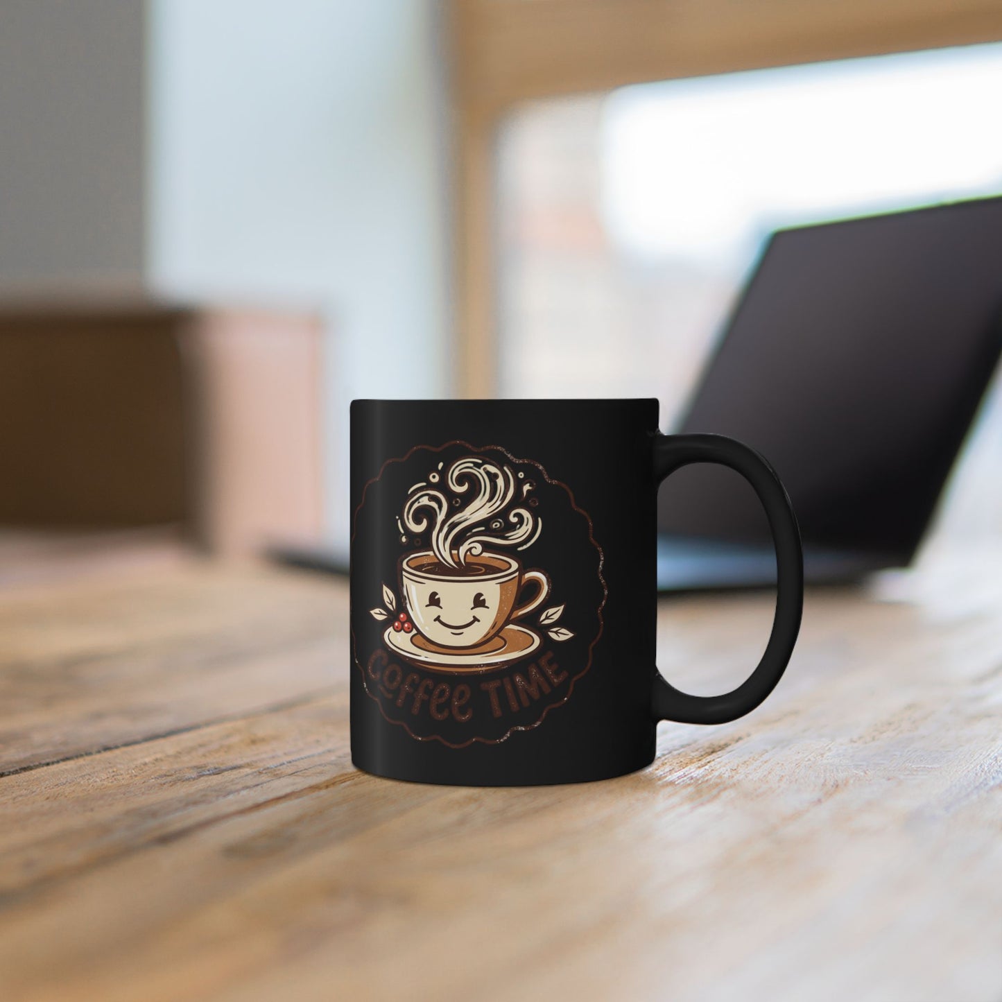 Coffee Time Black Mug – Cute Smiling Coffee Cup Ceramic Mug (11oz, 15oz)