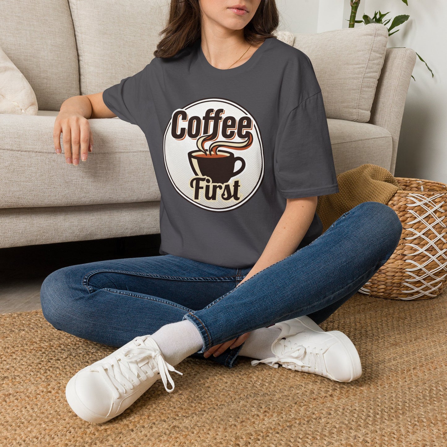 Coffee First T-Shirt — Retro Coffee Cup Graphic Tee for Coffee Lovers