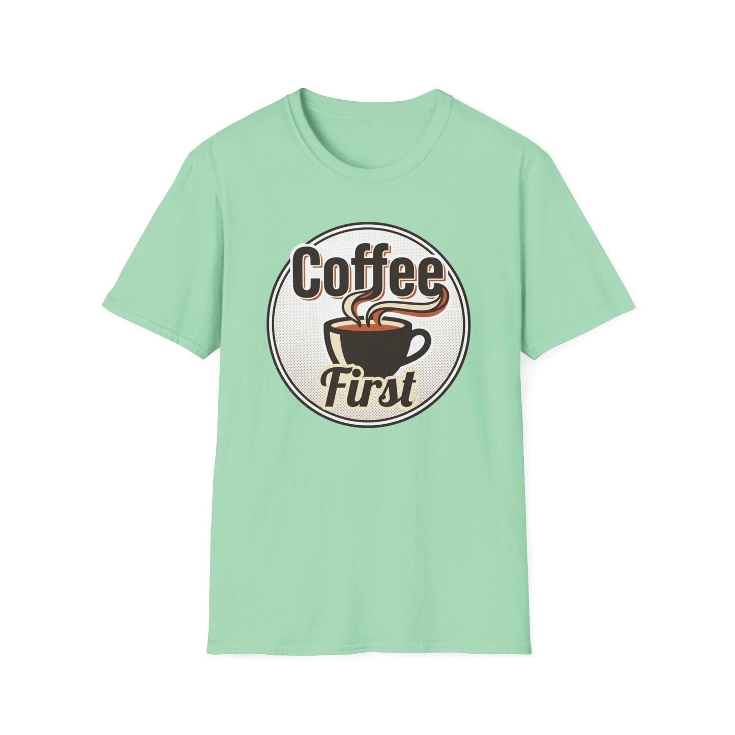 Coffee First T-Shirt — Retro Coffee Cup Graphic Tee for Coffee Lovers