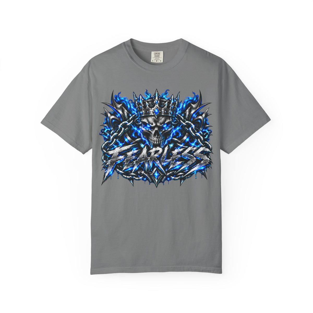 Skull Throne Graphic T-Shirt — Blue Lightning Heavy Metal Tee