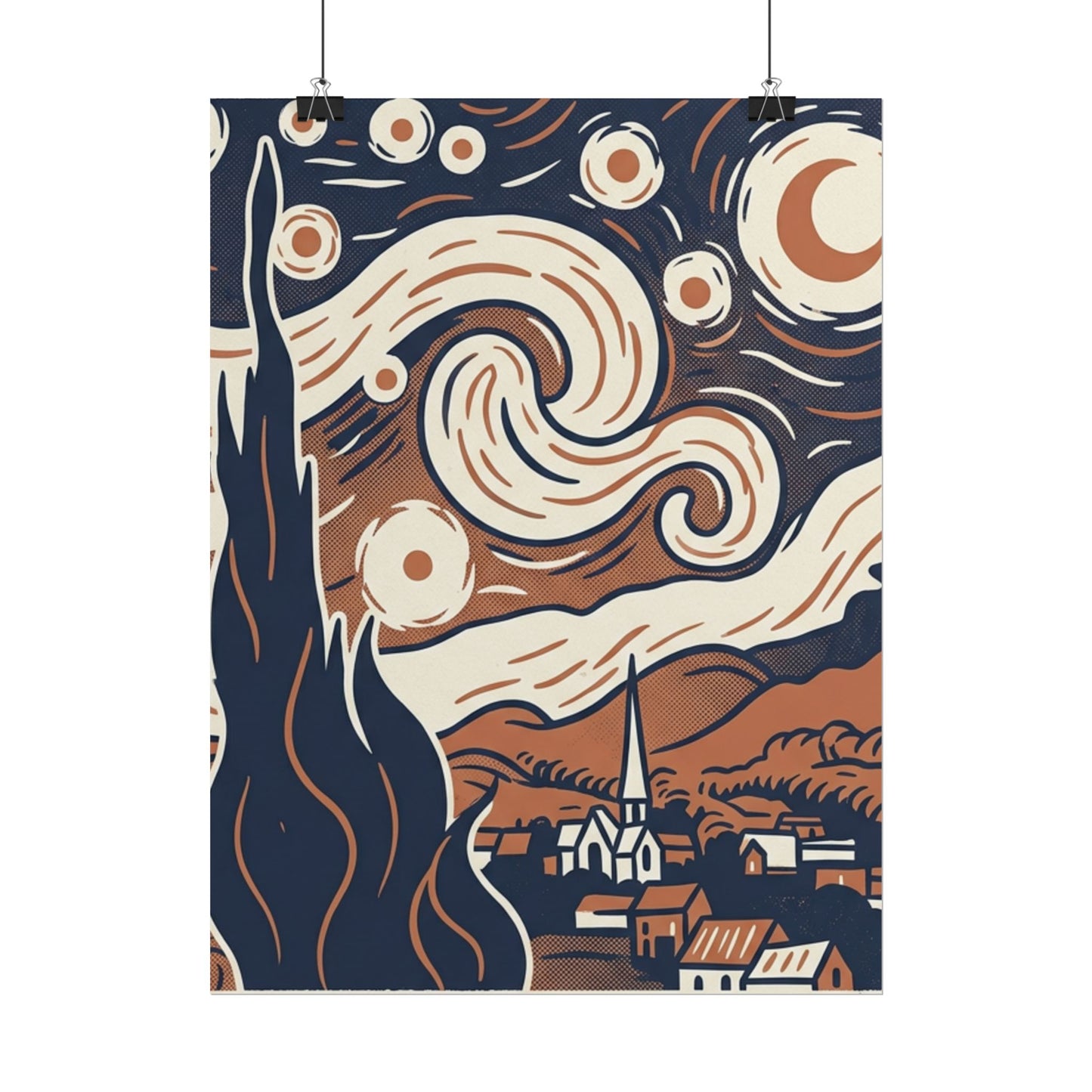 Starry Night-Inspired Rolled Poster — Vintage Blue & Tan Landscape Art Print