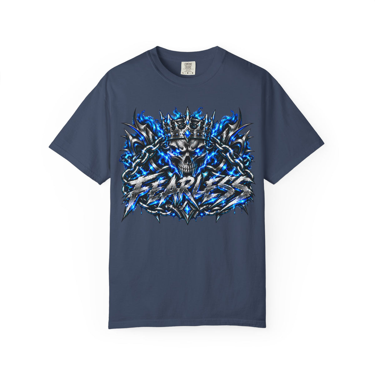 Skull Throne Graphic T-Shirt — Blue Lightning Heavy Metal Tee