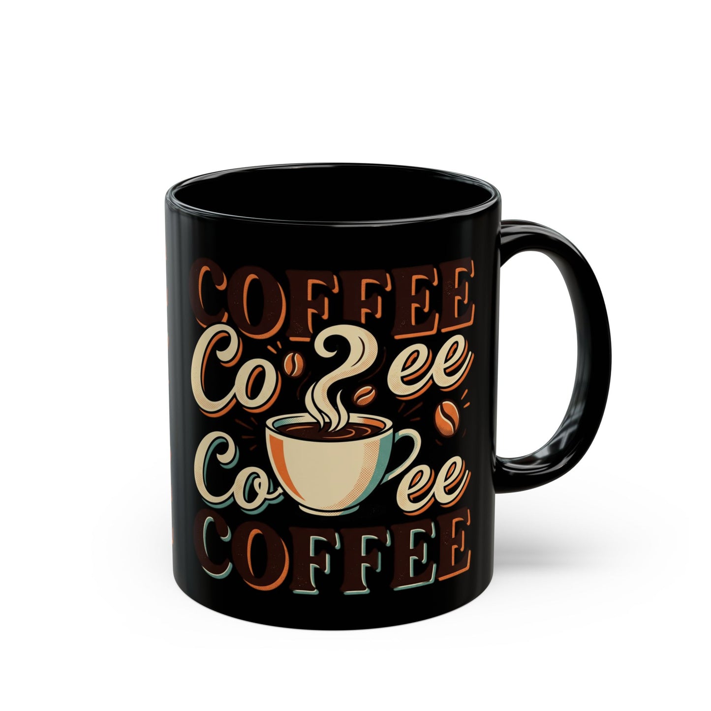 Coffee Lovers Black Mug — Retro 'Coffee' Typography with Steaming Cup (11oz & 15oz)