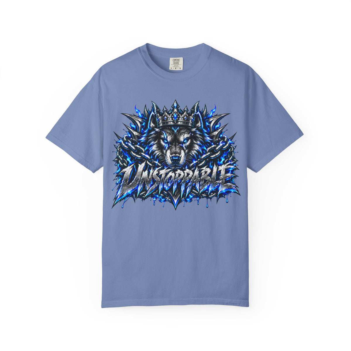 Wolf 'Unstoppable' Graphic Tee — Bold Blue Crowned Wolf Shirt