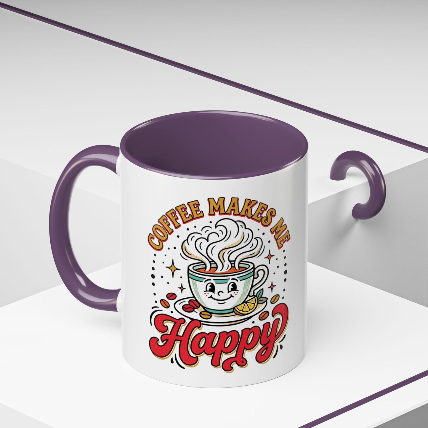 Coffee Mug — "Coffee Makes Me Happy" Cute Retro Accent Mug (11/15oz)