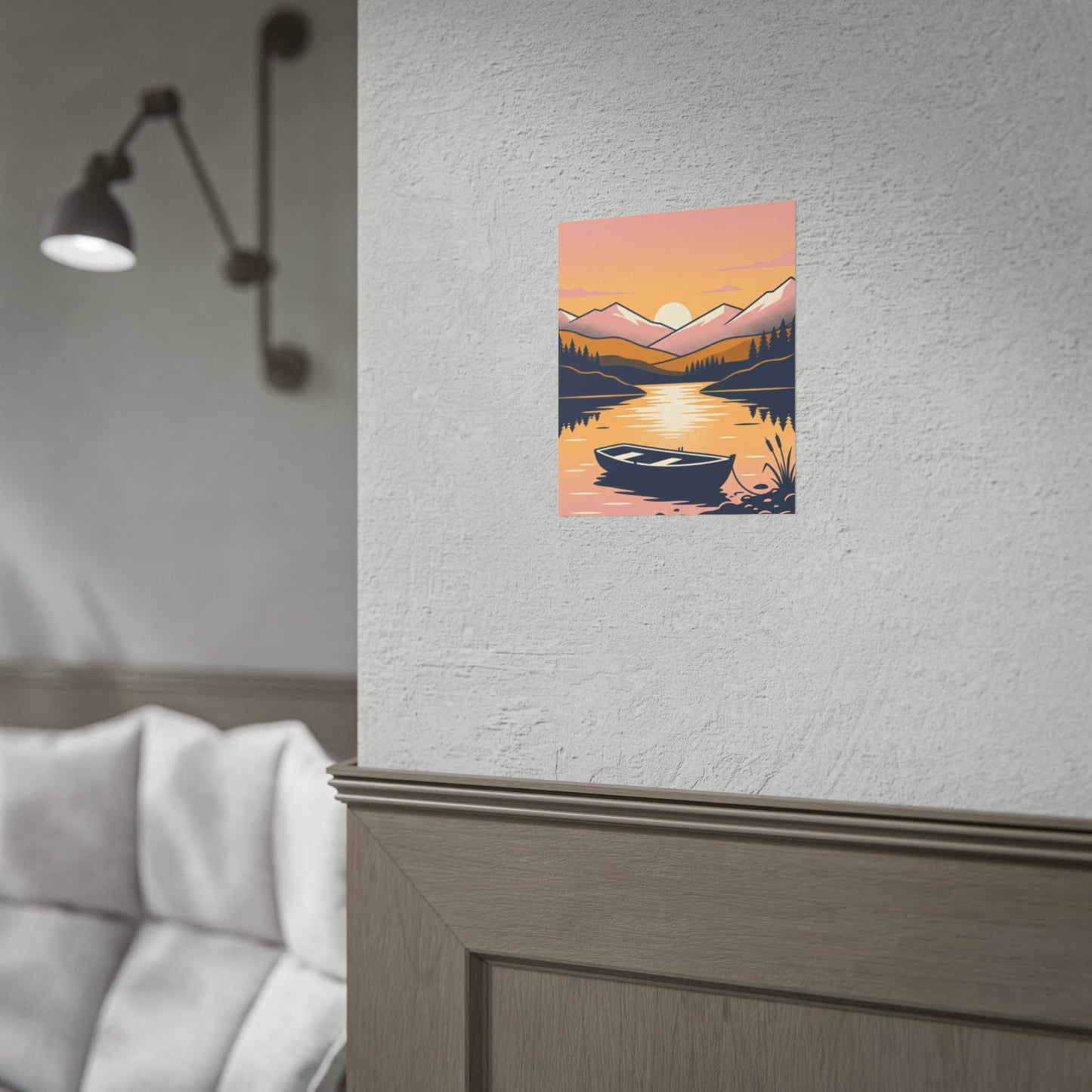 Sunset Lake Boat Poster — Scenic Mountain Landscape Wall Art