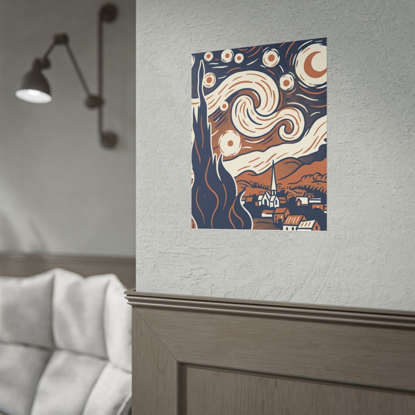 Starry Night-Inspired Rolled Poster — Vintage Blue & Tan Landscape Art Print